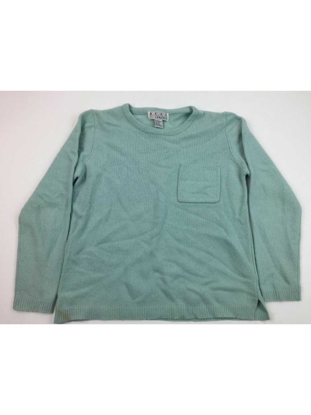 Real Comfort Women's Teal Sweater Size M Breast Pocket Ribbed Cuffs Hem Collar